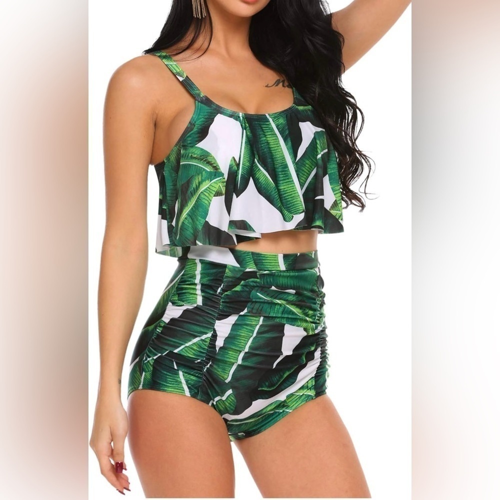 Avid Love | NWT Bikini Tummy Control 2 Piece High Waist Palm Leaf Swimsuit S